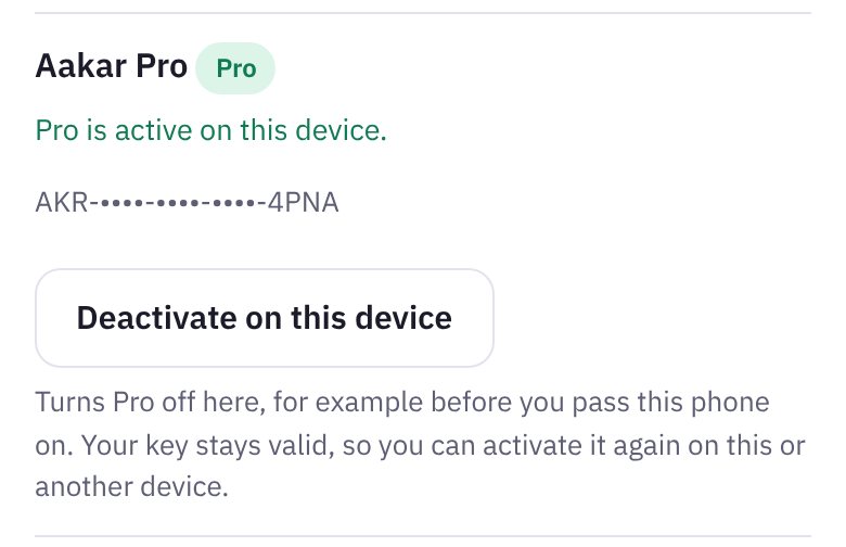 Settings, Aakar Pro: Pro is active on this device, with the Deactivate on this device button