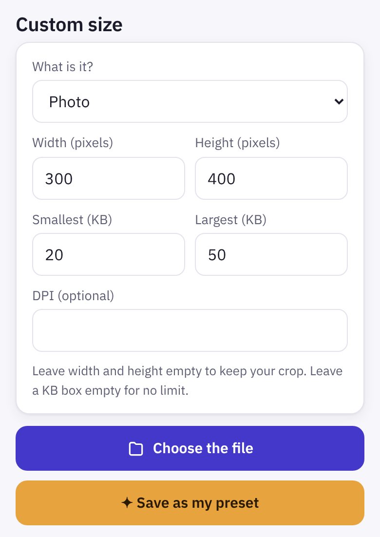 Custom size: What is it? Photo, width 300 and height 400 pixels, 20 to 50 KB, and the Choose the file button