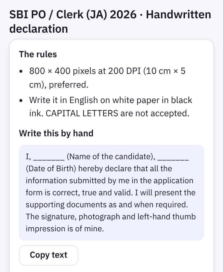 The SBI handwritten declaration preset: the rules, the declaration text to write by hand, and Copy text