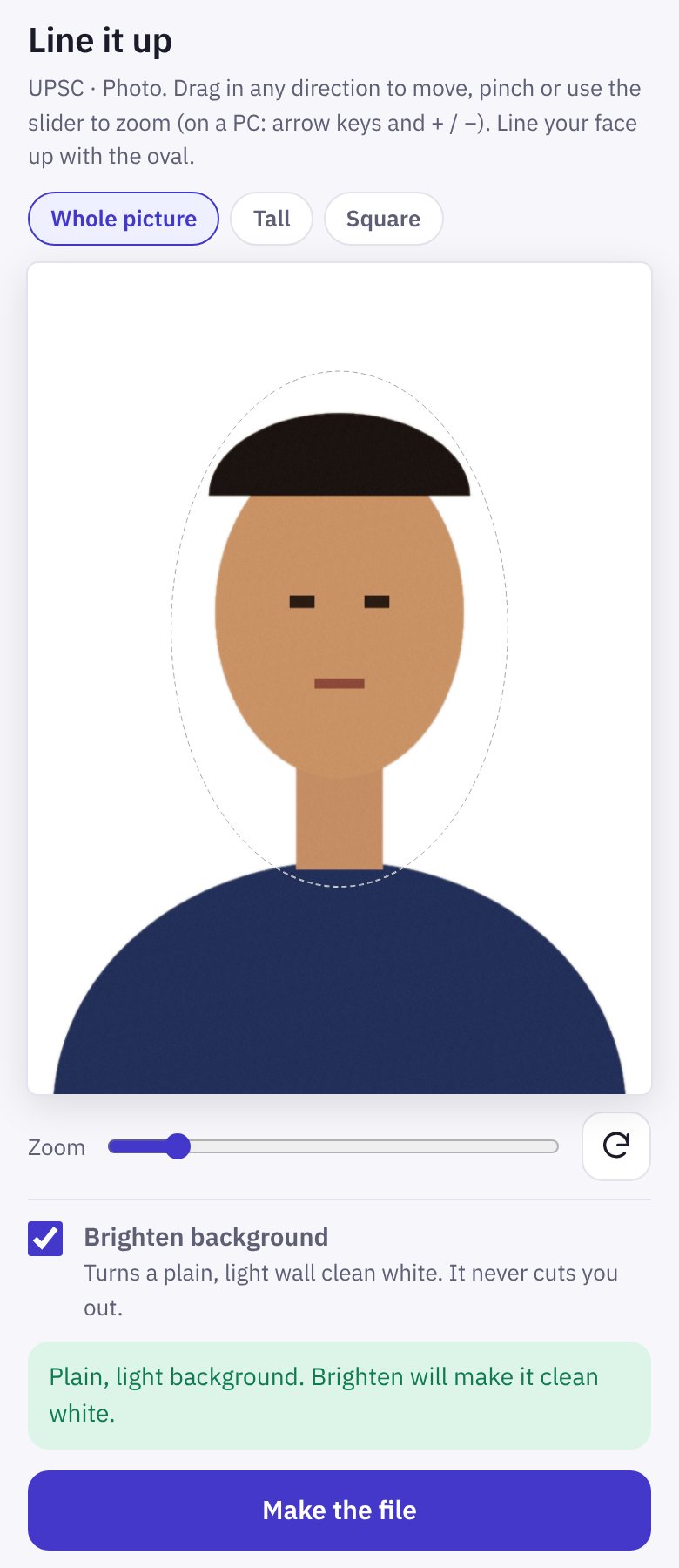 Line it up: a sample photo in the frame with the face oval, the zoom slider, Brighten background ticked and the note Plain, light background, and Make the file