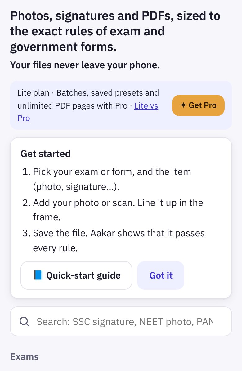 Aakar's home screen: the Lite plan bar, the Get started card with the Quick-start guide button, and the search box
