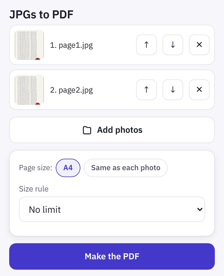 JPGs to PDF: two sample pages added, with arrows to reorder them, the page size and size rule, and Make the PDF