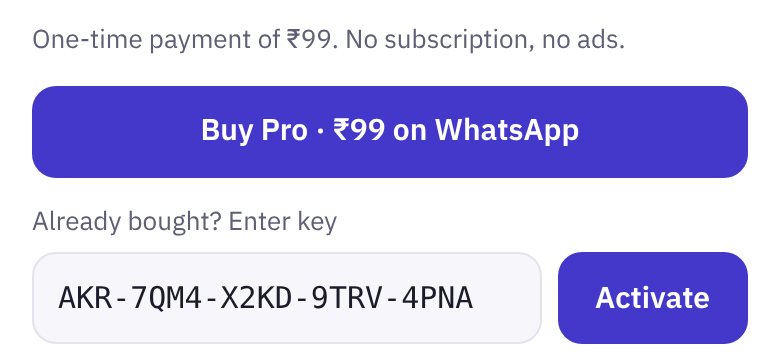 Settings, Aakar Pro: Buy Pro · ₹99 on WhatsApp, and a licence key pasted next to the Activate button