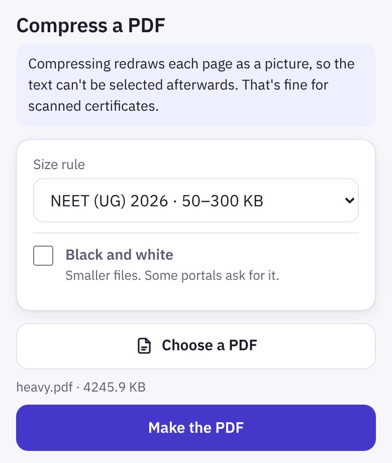 Compress a PDF: a sample PDF chosen, the size rule NEET (UG) 2026 50 to 300 KB, Black and white, and Make the PDF