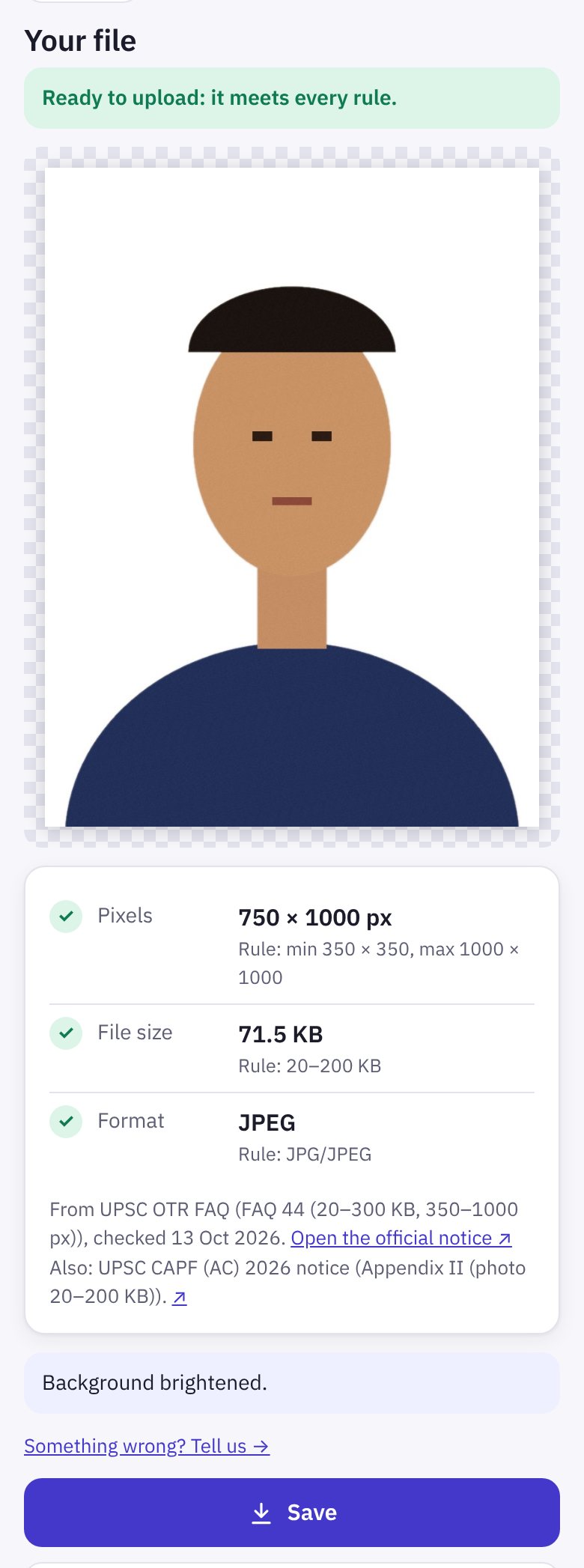 Your file: Ready to upload, the sample photo, and ticks for Pixels 750 × 1000, File size 71.5 KB and Format JPEG against the UPSC rules, with the Save button
