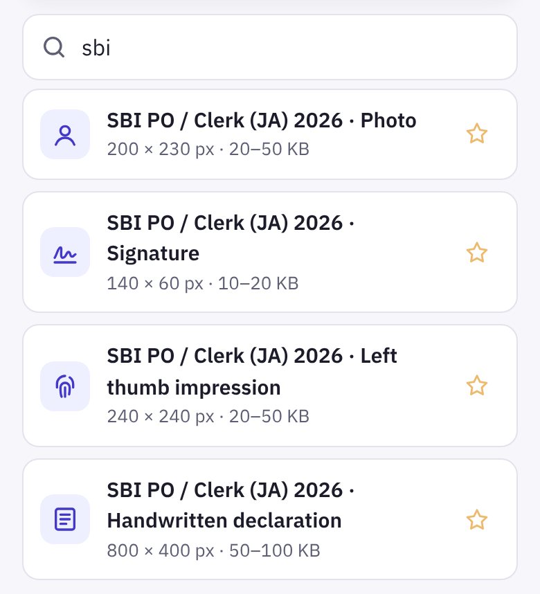 Searching for sbi: the SBI PO / Clerk photo, signature, left thumb impression and handwritten declaration presets, each with its size